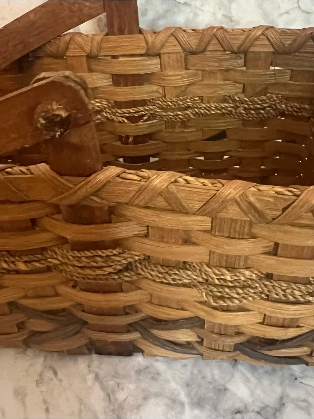 Vintage Brown Woven Basket with Wooden Handle and Fish Charm